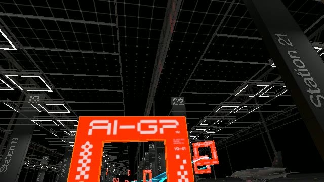 Onboard view from a racing quadcopter approaching an illuminated AI Grand Prix gate