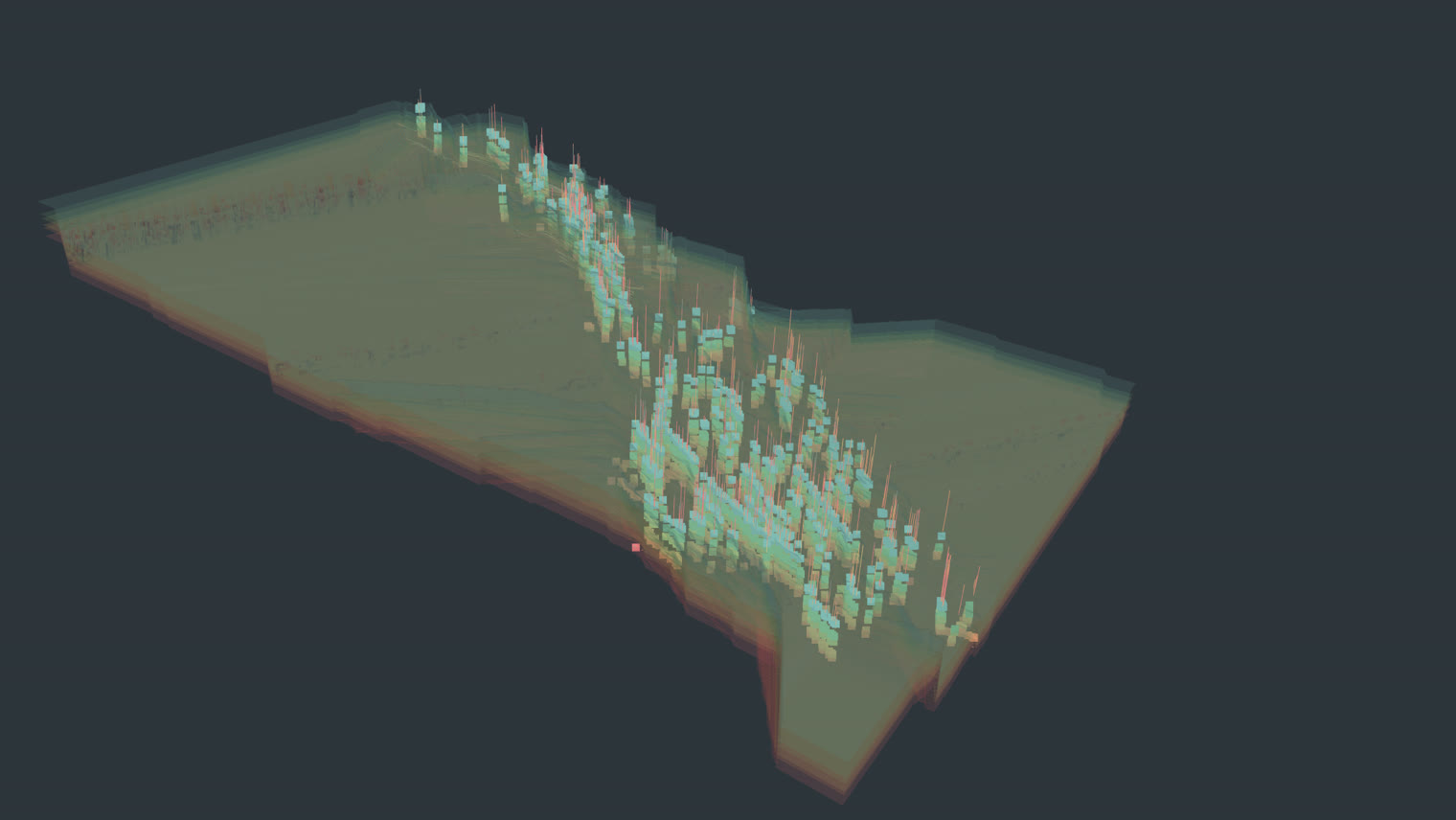 3D rendering of stacked geological formation surfaces with well paths cutting through them